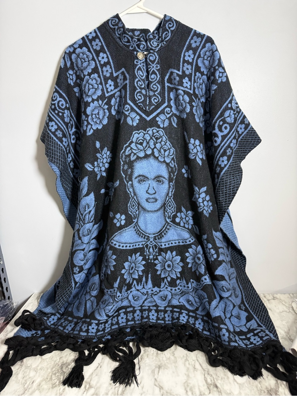 Frida Kahlo Inspired Black and Blue Decorative Poncho Throw